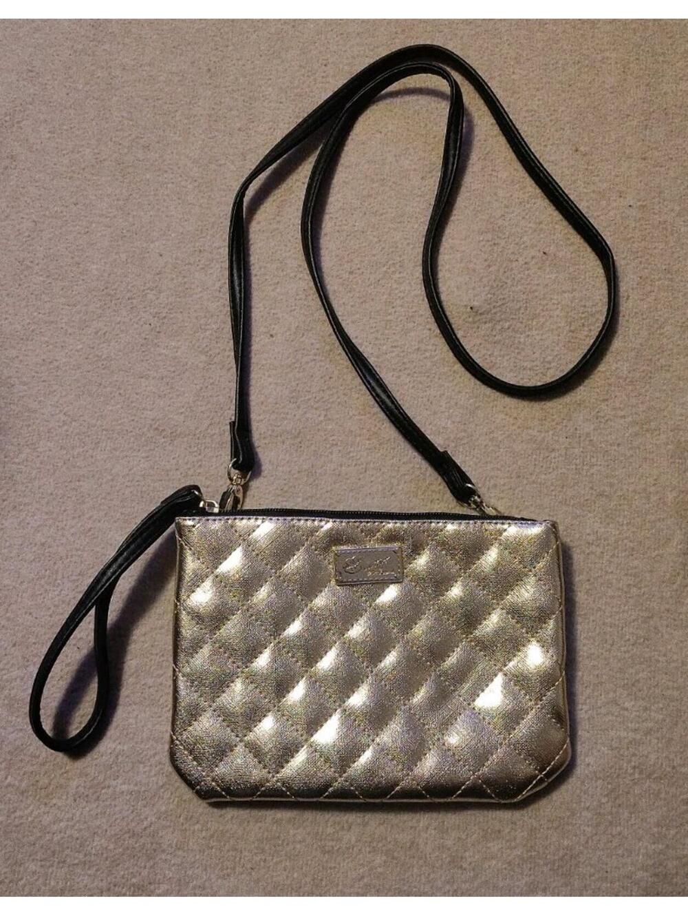 BETSEY JOHNSON QUILTED Gold Clutch SHOULDER BAG CROSSBODY detachable strap